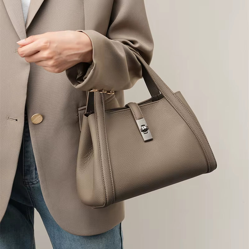 Cowhide Genuine Leather Bucket Tote Handbags for Women 2025 Luxury Designer Basket Work Ladies Shoulder Crossbody Bags