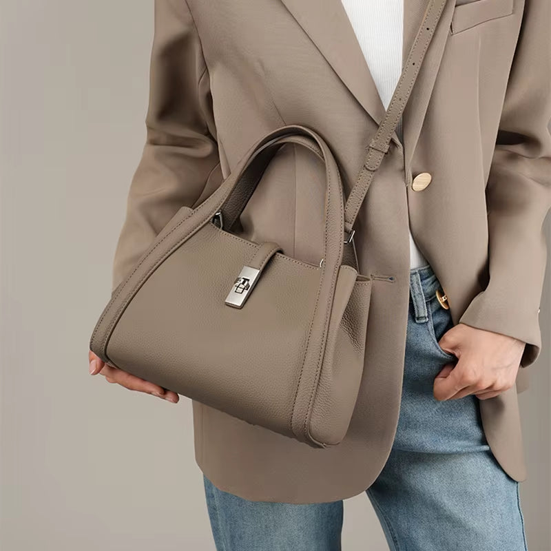 Cowhide Genuine Leather Bucket Tote Handbags for Women 2025 Luxury Designer Basket Work Ladies Shoulder Crossbody Bags