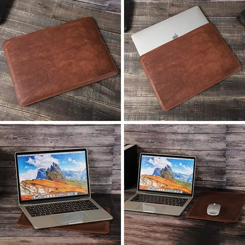Hand-Made Cowhide Genuine Leather Laptop Bags Cases Storage Organizer Sleeve for Macbookair 13.6In Notebook Computer Travel