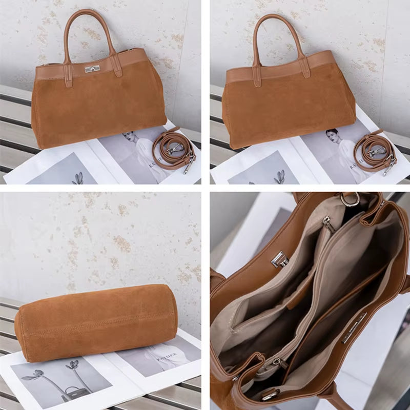 Hifashion Retro Suede Genuine Leather Tote Handbags for Women 2025 Luxury Designer Top Handle Matte Office Female Shoulder Bags
