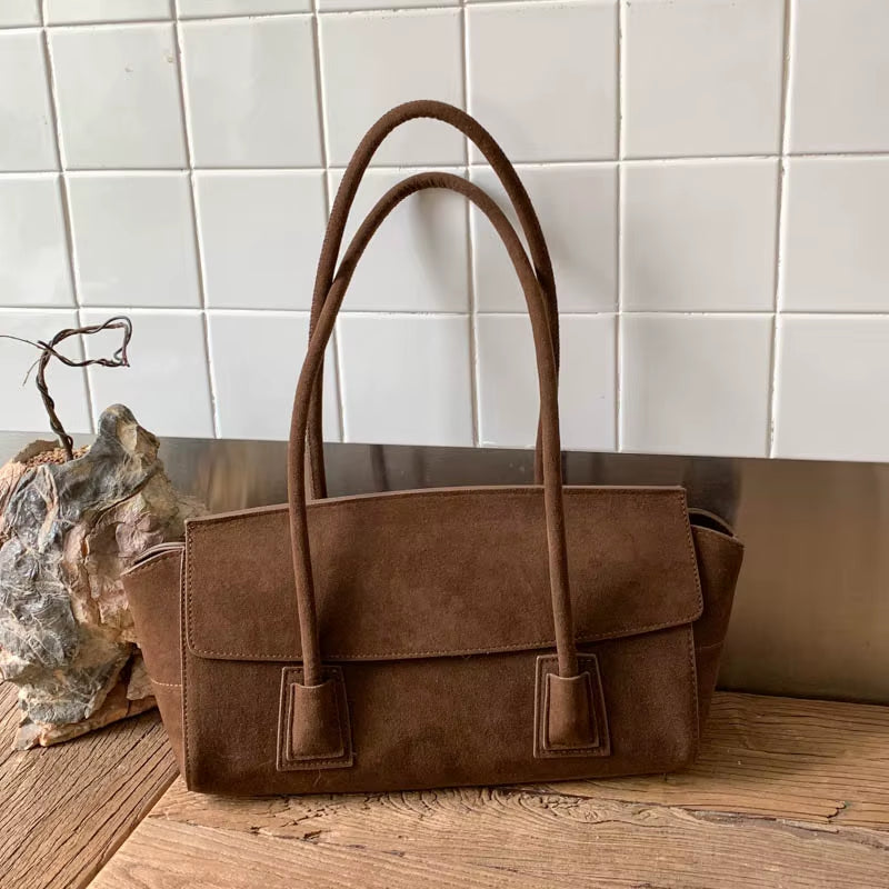 New 2026 Winter Spacious Trapeze Tote Euro American Style Matte Suede Leather Female Handbag Luxury Armpit Shoulder Bag